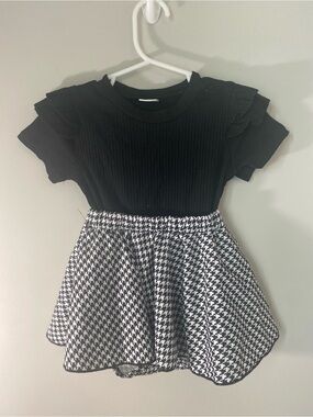 Black Knit Ruffle-Sleeve Top with Black & White Houndstooth Skirt - Kids Dress